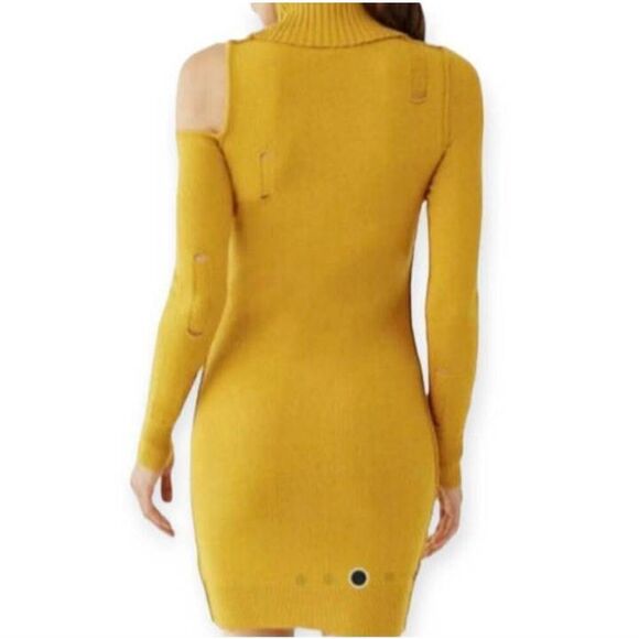 Forever 21 Mustard Turtleneck Distressed Sweater Open Shoulder Dress Size m. EU - Picture 4 of 11